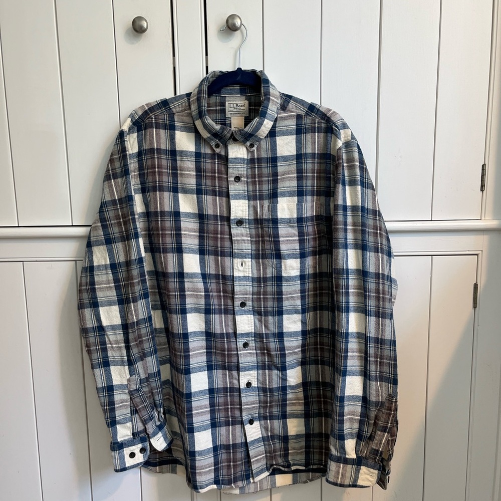 LLBean Men's Blue Plaid Shirt, size tall large